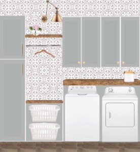 laundry room-design-board-inspiration-blue-gray-cabinets-pages-cement-tile-rustic-shelves-gold-arm-sconce