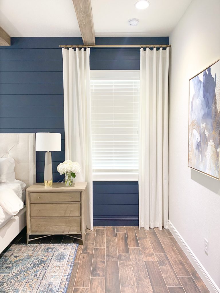 DIY $40 IKEA Curtain Hack, natural nightstand, white curtains, simple DIY, dark blue shiplap wall